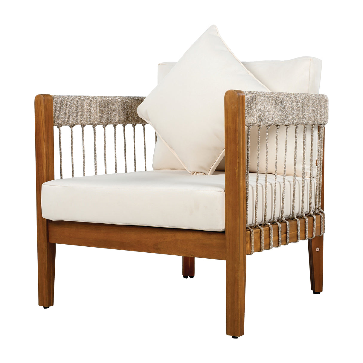 Acacia Wood Outdoor Club Chair with Handwoven Rope Accents and Curved Backrest