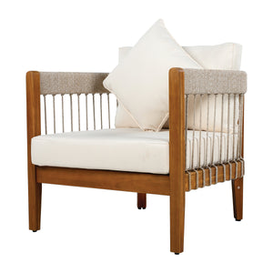 Acacia Wood Outdoor Club Chair with Handwoven Rope Accents and Curved Backrest