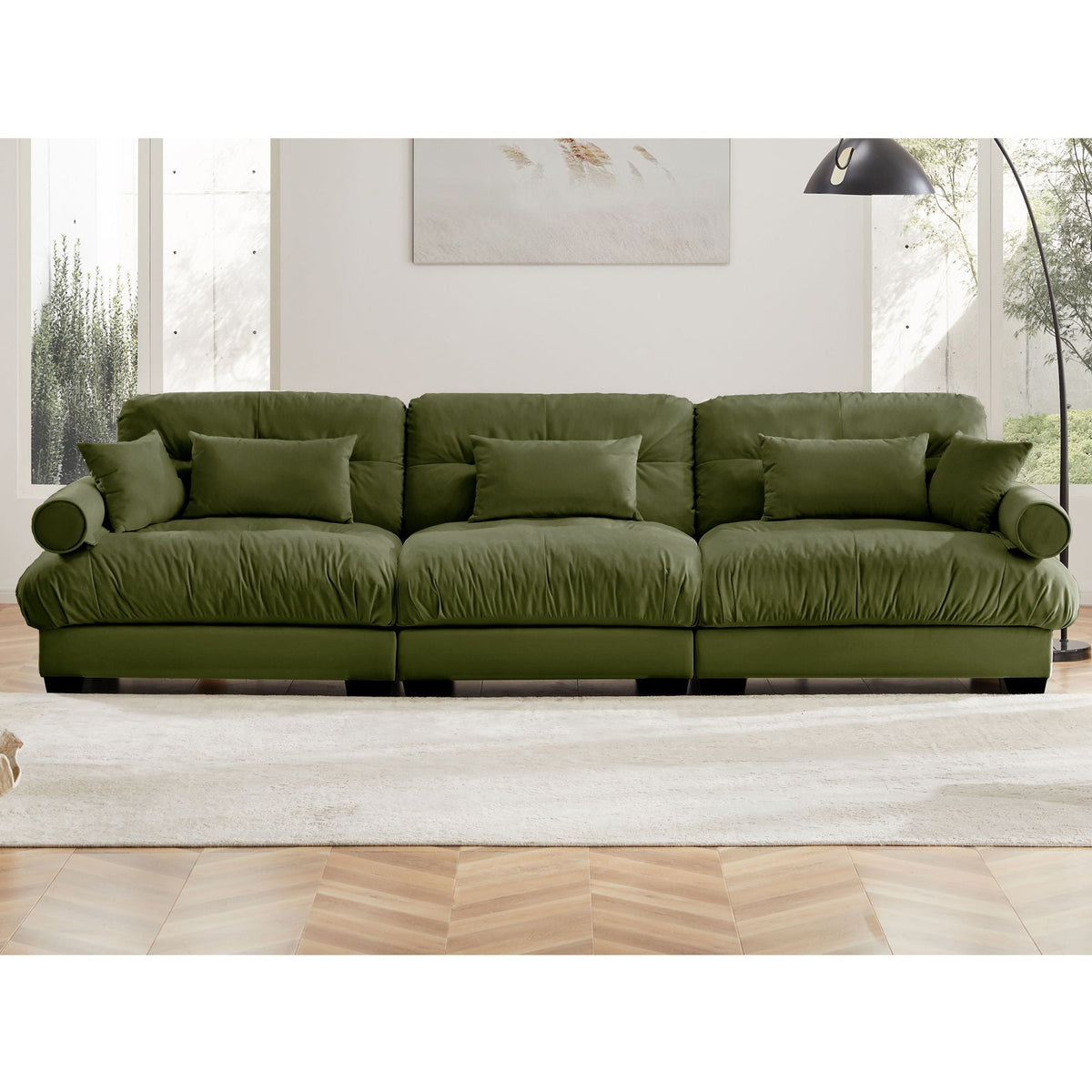 Modern Sofa With Bolstered Armrests And Pillows