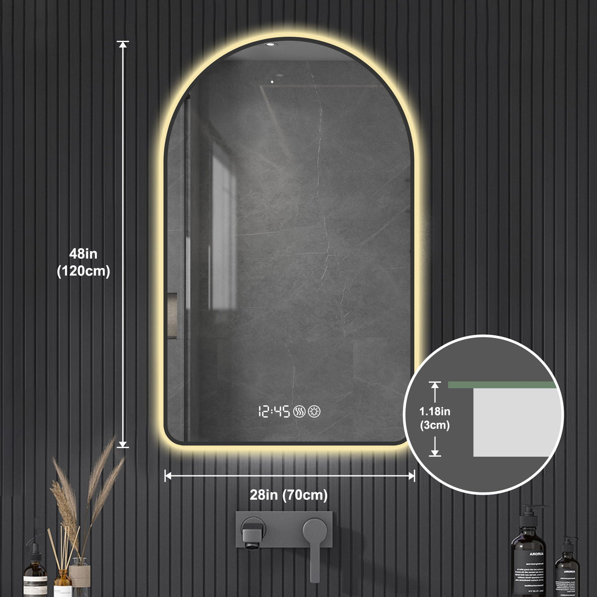 Arched LED Vanity Mirror With Time & Temperature Display, Anti-Fog, Dimmable Backlight In Frame, 3 Color Temperatures