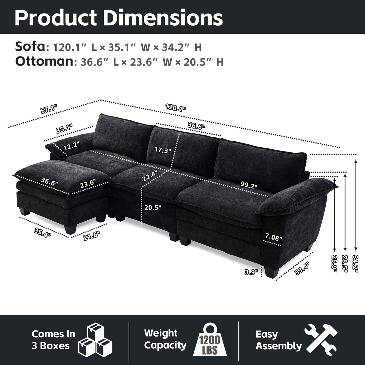 Luxury Couch with Ottoman in Soft Chenille