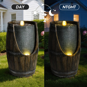 Wooden Barrel Style Outdoor Water Fountain with Lights Resin Rustic Garden Waterfall Decor for Patio Porch Yard