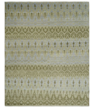 Fine Green 8x10 Hand Knotted Beige, Olive and Silver Traditional Wool Rug