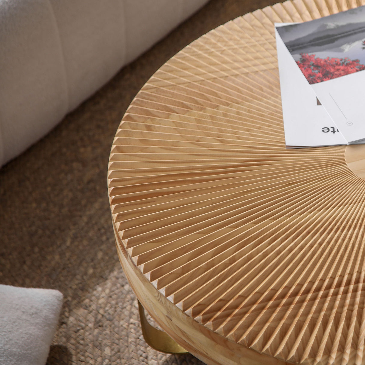 Modern Round Coffee Table with Wooden Carving Pattern and Metal Legs in Golden Natural Finish, Pine and MDF Construction