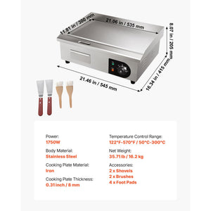 Commercial Electric Griddle, 21 x 11.8 Inch, 1750W