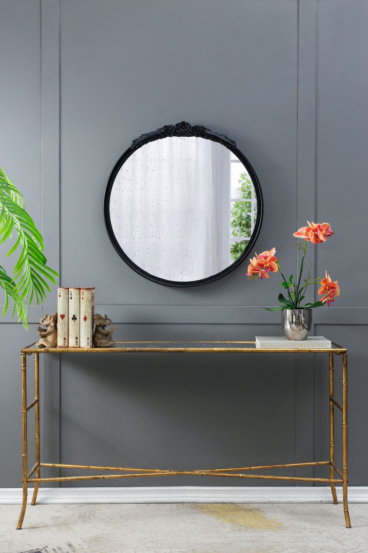 Round Hand Carved Rose Antique Mirror Frame, Wall Mirror For Live Space
