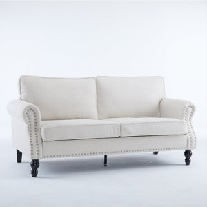 68 Inch Faux Leather Rolled Arm Sofa with Nailhead Trim - Beige