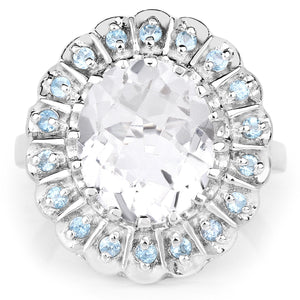 5.90 Carat Genuine Crystal Quartz and Swiss Blue Topaz .925 Sterling Silver Ring