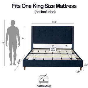 Peyton Upholstered King Bed with 54" High Headboard and Nailhead Trim Wingback in Blue Velvet