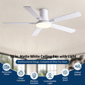 Flush Mount Ceiling Fans With LED Light And Remote Control, 5 Blades