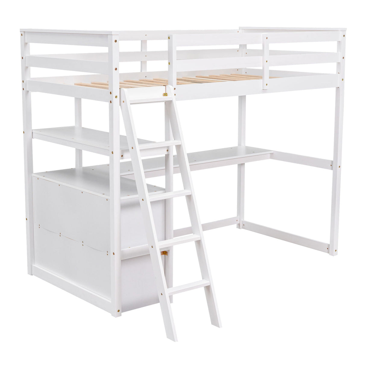 Modern Loft Bed With Built In Desk, Shelves, And 2 Drawers