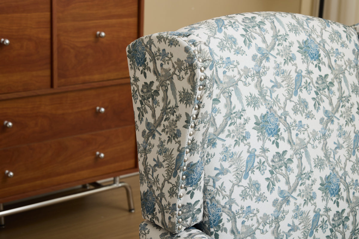 Modern Accent Chair with Retro Wood Legs and Floral Design