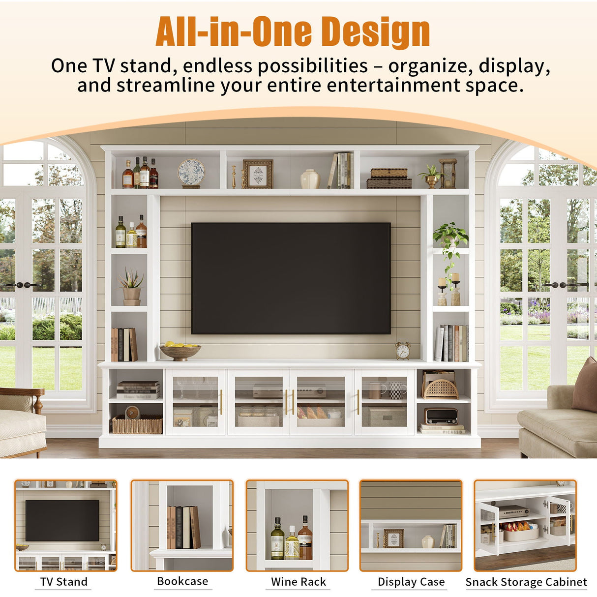 All-In-One Entertainment Center With Bookshelves & Tempered Glass Doors, TV Console Unit For Living Room