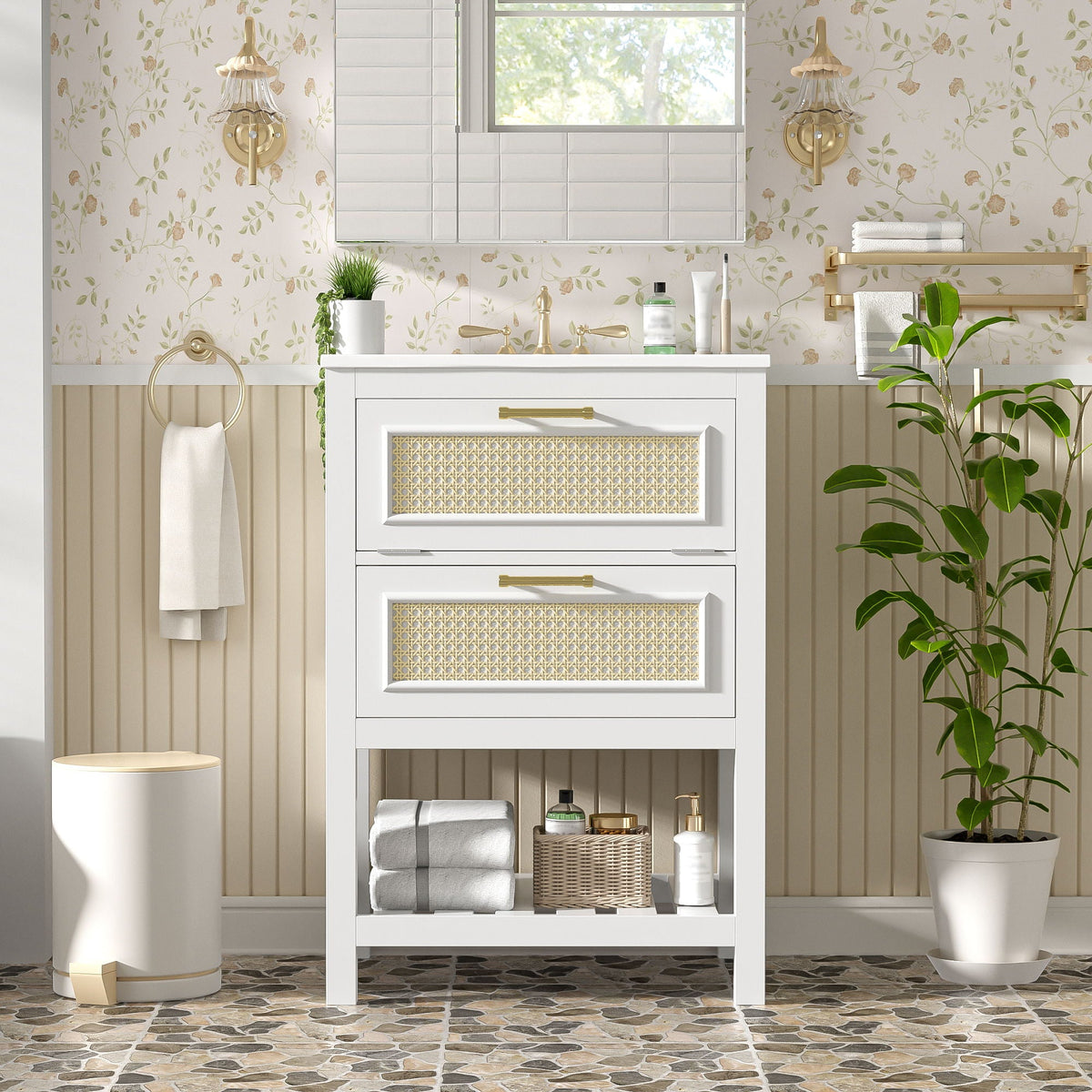 Modern Bathroom Vanity With Integrated Sink, Cabinet With 1 Deep Drawer And 1 Tip-Out Drawer