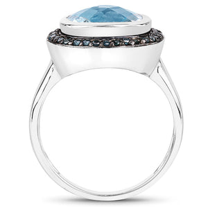 5.23 Carat Genuine Swiss Blue Topaz and Black Diamond .925 Sterling Silver Ring