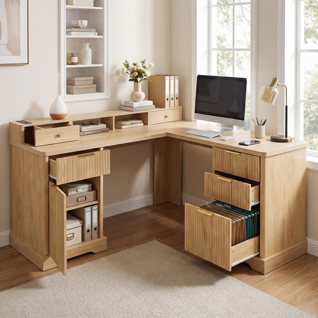 59" Modern Fluted L-Shaped Desk with Charging Station & Storage