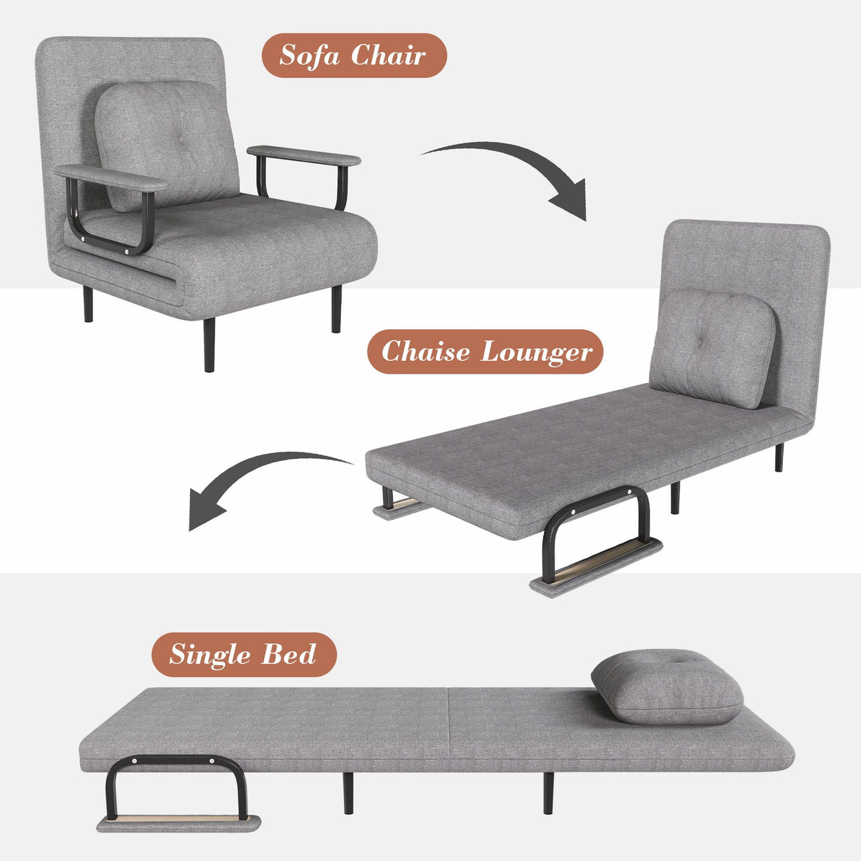 3 In 1 Convertible Folding Sofa Bed With Adjustable Backrest And Pillow
