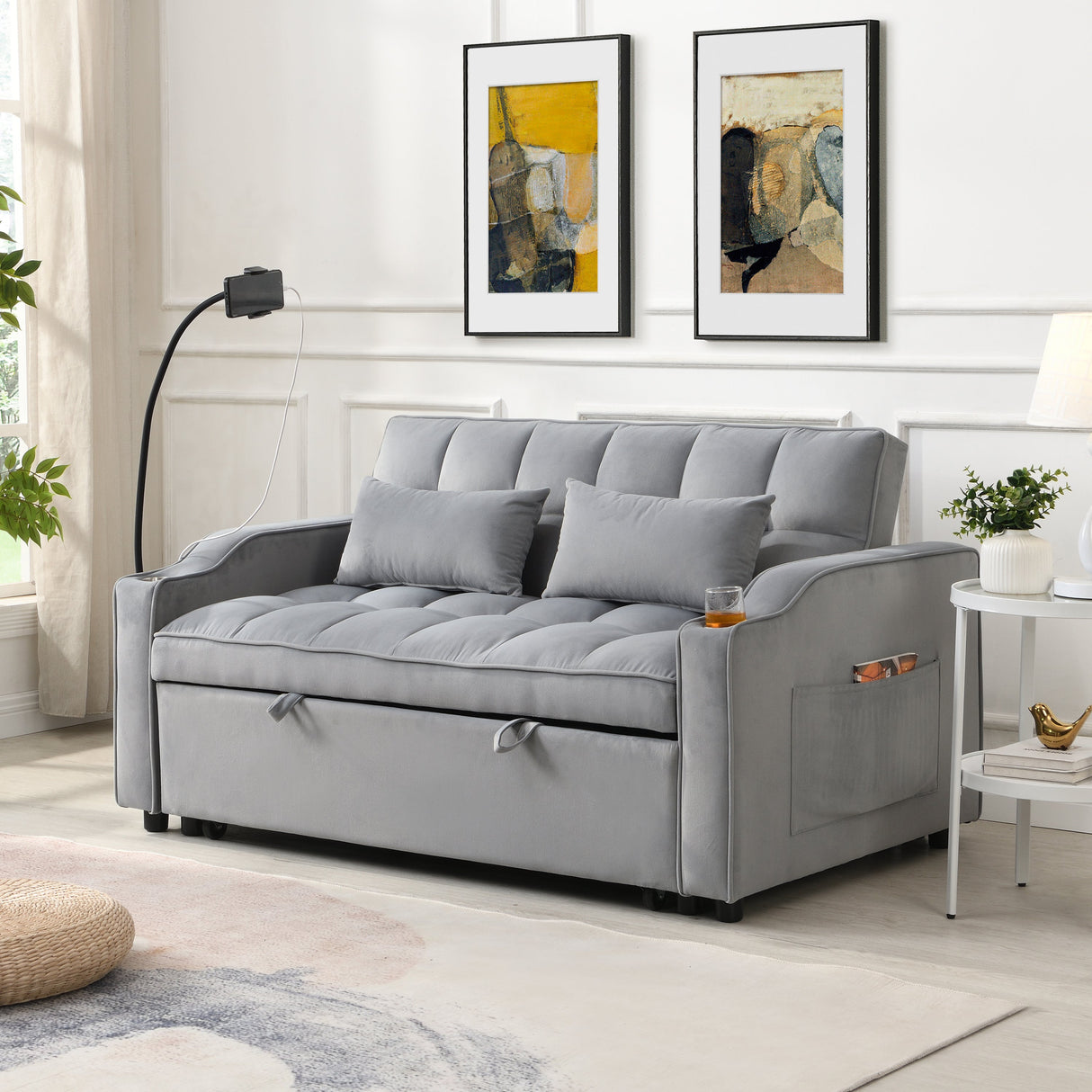 Modern Velvet Loveseat Futon Sofa Couch with Pullout Bed