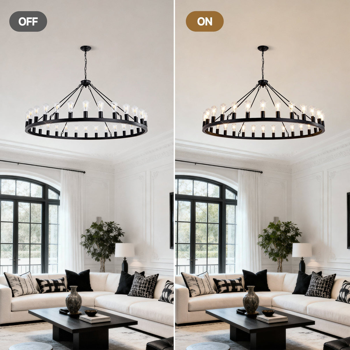 64 Inch Matte Black Wagon Wheel Chandelier With 30 Lights