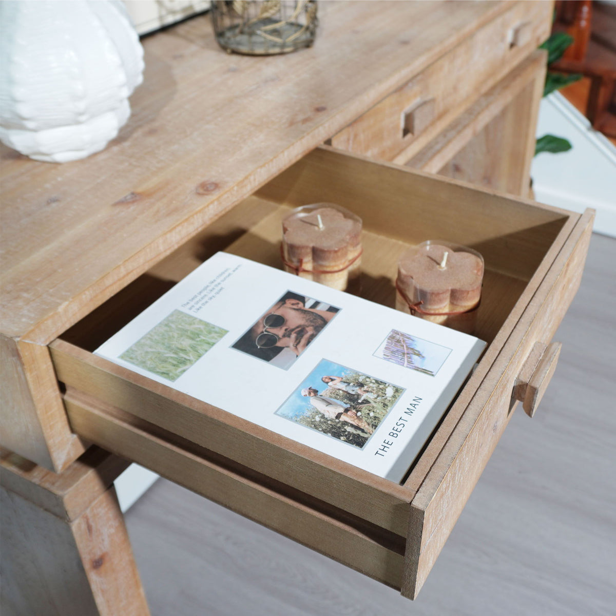 Rustic Wood Console Table with Three Drawers - Natural Finish
