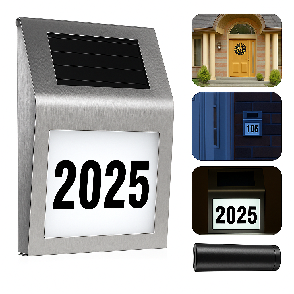 Solar LED Address Sign – Stainless Steel House Number Light with White LEDs, Waterproof, Customizable Numbers & Letters, Auto On/Off, 7.86 x 7.07 Inches
