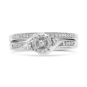 .925 Sterling Silver 1/4 Cttw Diamond Halo and Swirl Engagement Ring and Wedding Band Set (I-J Color, I3 Clarity)- Ring Size 7