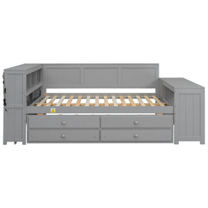 Daybed With Storage Shelves, Drawers, Trundle, Charging Station, LED Light, Desk And Cabinet