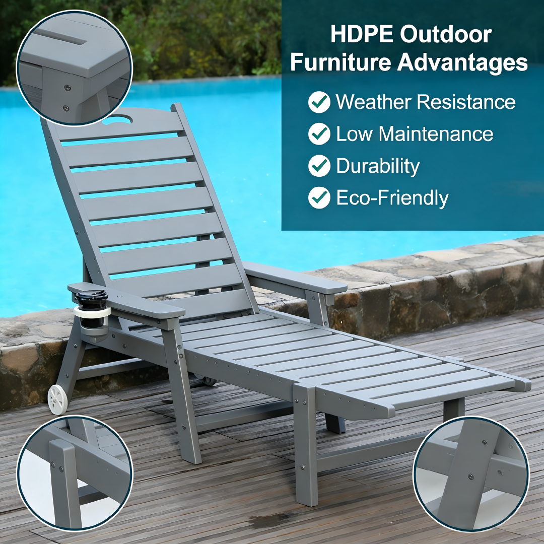 HDPE Chaise Lounge Chair Outdoor, Pool Lounge Chairs with 4-Position Adjustable Backrest, Supports Up to 360 LBS for Patio Poolside Deck Beach Backyard (grey)