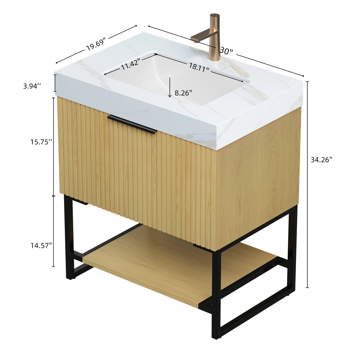 YOLAN 30" Bathroom Vanity & Sink, Freestanding Striped Plywood Storage Cabinet