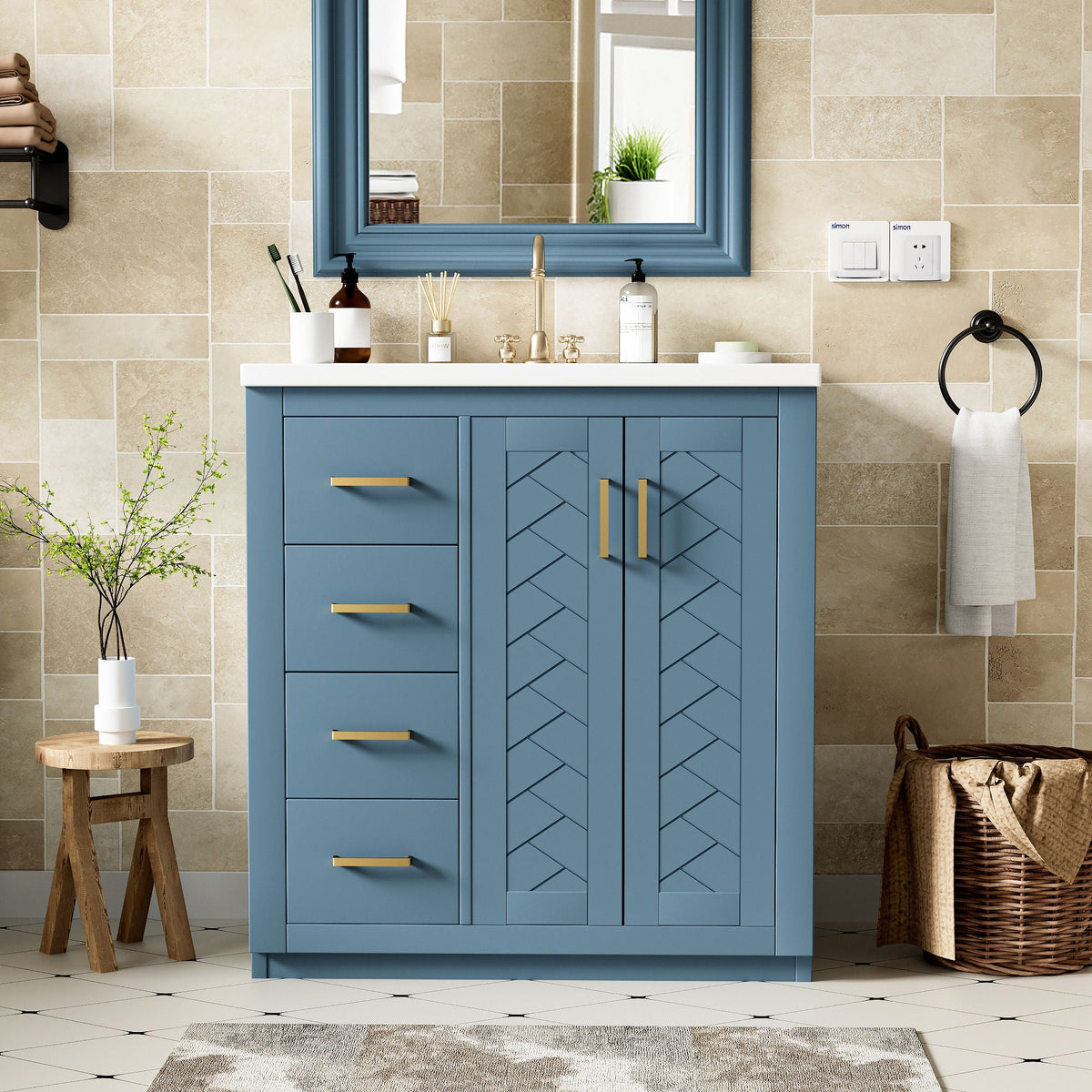 Ceramic Sink Combo, Freestanding Vanity Set With 3 Drawers & Soft Closing Doors