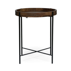 Modern Industrial Round End Table with Tray Top and Foldable Iron Legs - Natural