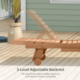 Outsunny outdoor chaise lounge pool chair, built-in table, reclining backrest for sun tanning/sunbathing, rolling wheels, red wood look