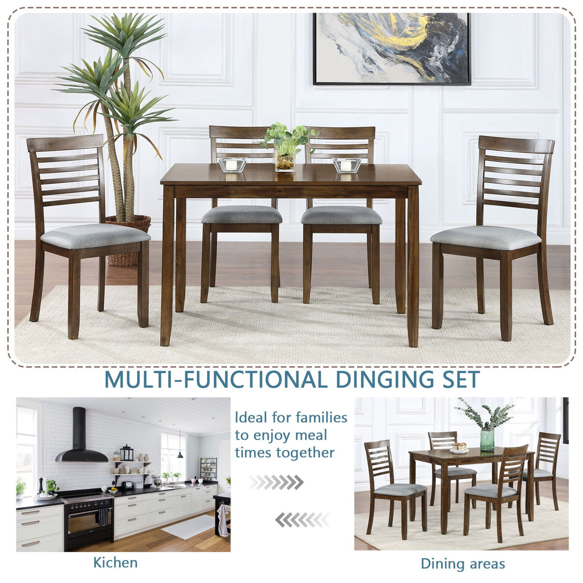 5 Pieces Modern Dining Set, Rectangular Wooden Dining Table With 4 Upholstered Chairs