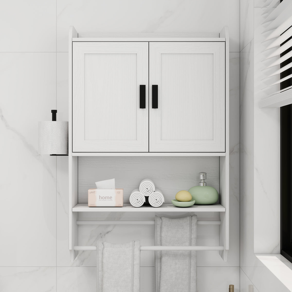 Bathroom Wall Cabinet with Doors, Adjustable Shelf, Towel Bar, and Paper Holder