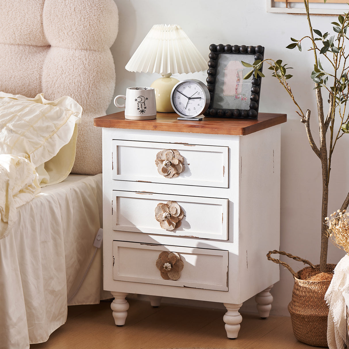 Rustic Dark Blue 3-Drawer Wooden Cabinet with Aged Finish & Floral Handles – 24.8" H- White