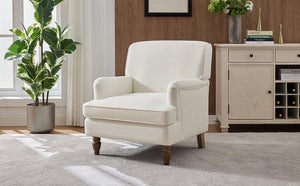 Vintage Upholstered Linen Fabric Armchair with Antique Solid Wood Legs