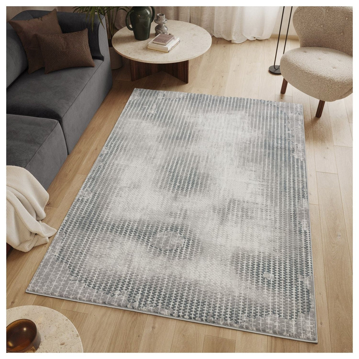 Geometric 3D Effect Area Rug with Ultra-Soft Pile – Ivory / Gray