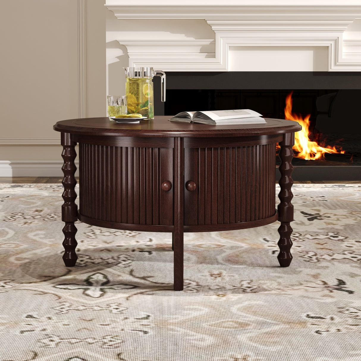 Vintage Round Coffee Table with Storage in 30.3', Walnut