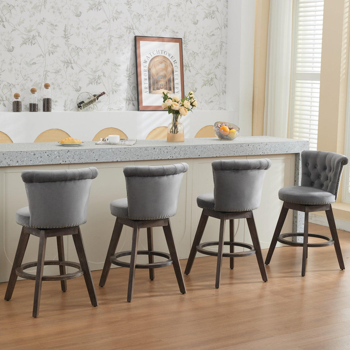 26" Counter Height Bar Stools Set of 2 with 360° Swivel and Velvet Upholstery