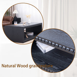Black Beaded Edge Coffee Table – 47.6' Rectangular Center Table with Open Storage Shelf, Modern Farmhouse Style, Solid Black Finish