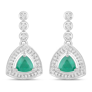 1.39 Carat Genuine Zambian Emerald and White Diamond 14K White Gold Earrings