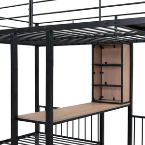 Triple Bunk Bed With Drawers, Multi-Functional Frame With Desks And Shelves In The Middle