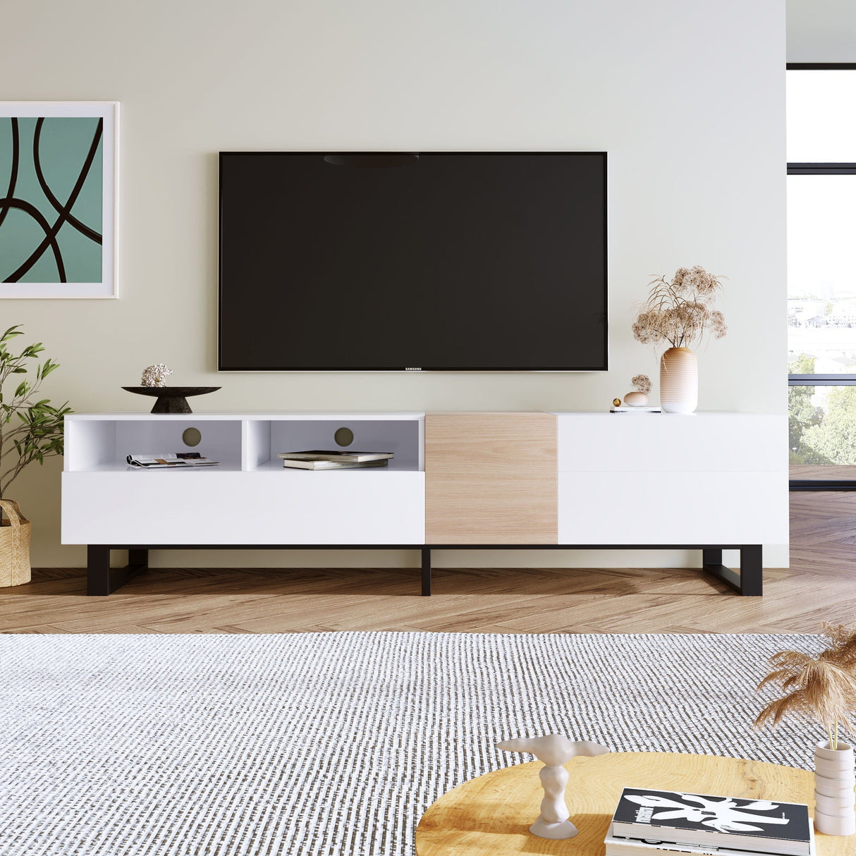 TV Stand for 80" TV with Double Storage Space and Drop Down Door