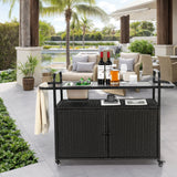 Outdoor Bar Table with Wicker Bar Cart and Steel Top