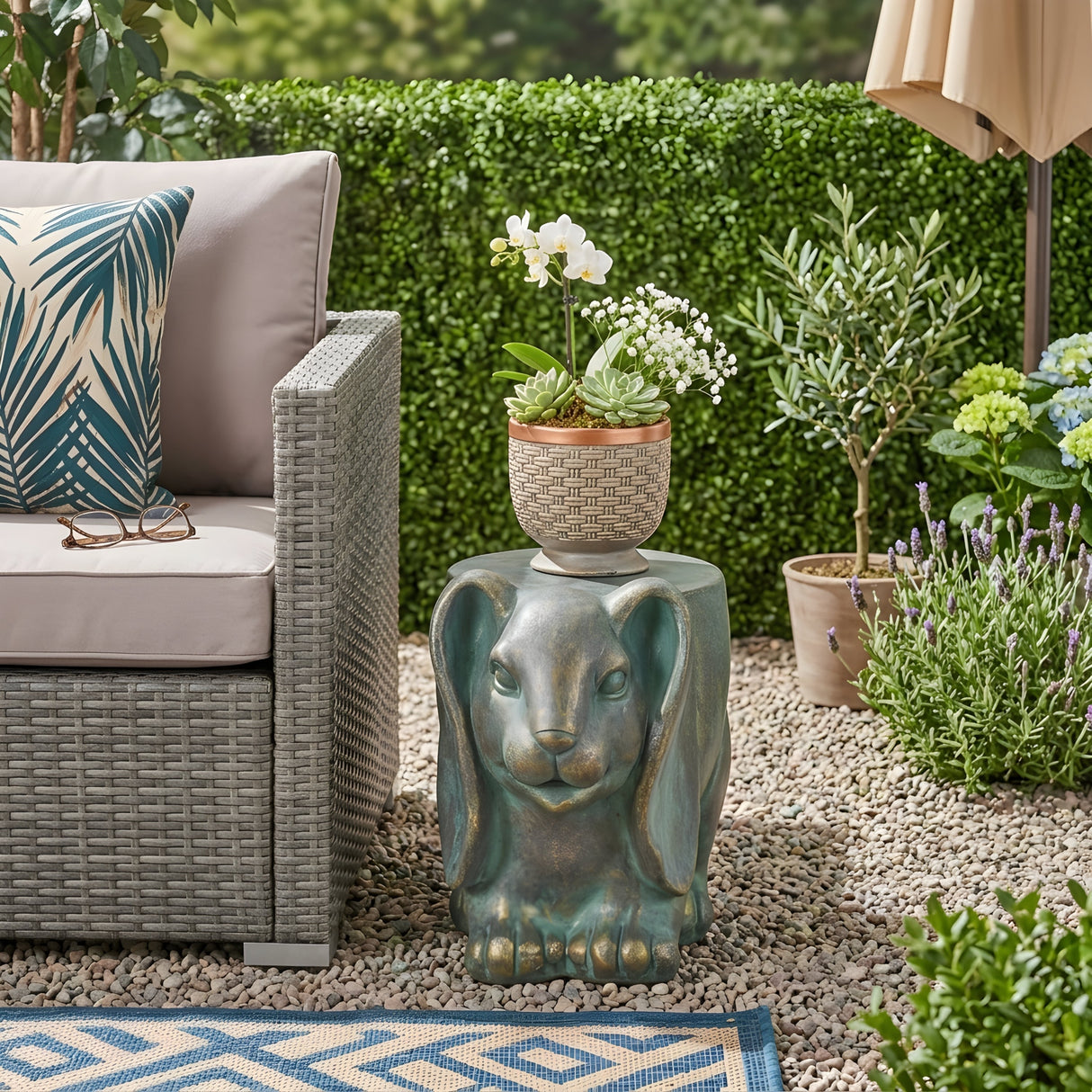 13inch High Rabbit Garden Stool, Lightweight Concrete, Gold Patina Finish, No Assembly Required