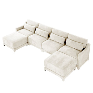 Elegant Four-Seater Sofa with Movable Ottoman and Lumbar Pillow