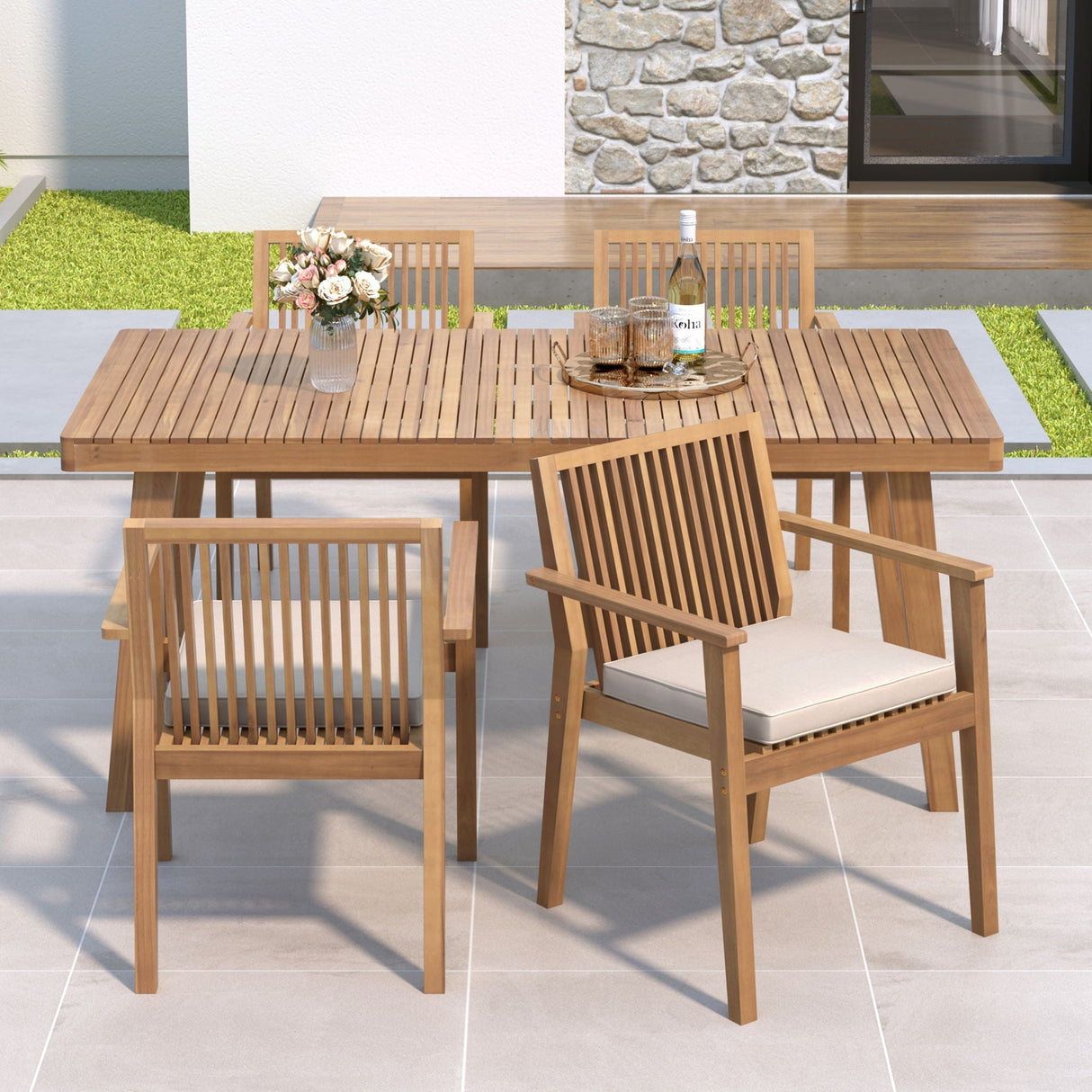 5 Piece Patio Furniture Set Acacia Wood Table and 4 Heavy Duty Cushioned Chairs