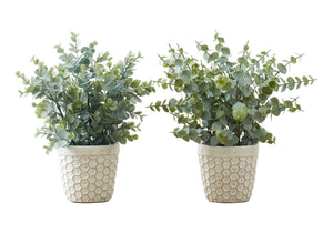 13" Tall, Artificial Plant, Eucalyptus Grass, Indoor, Faux, Fake, Table, Greenery, Potted, Decorative (Set of 2) - Green / White