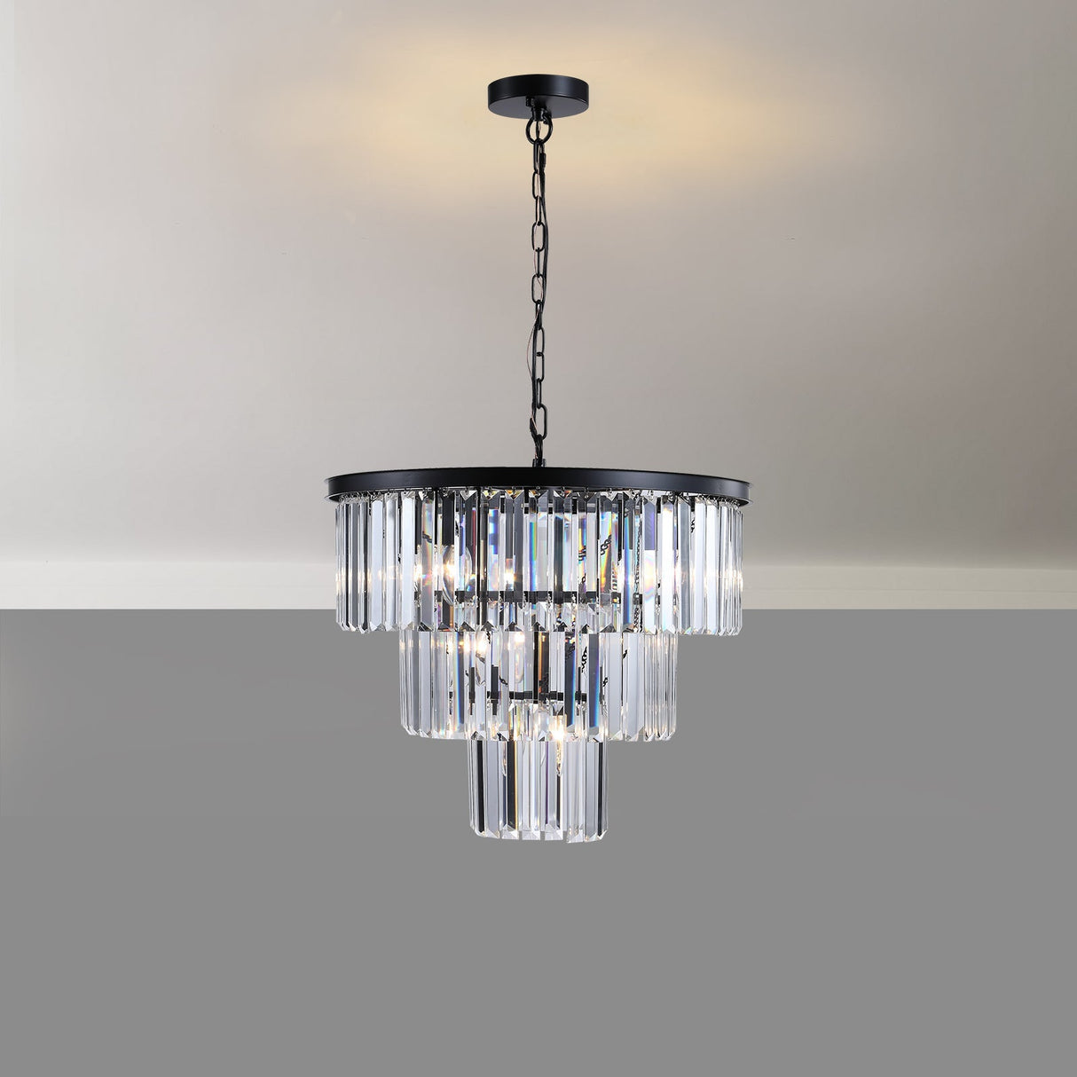 20' Modern Crystal Chandelier with Black Finish – Elegant 7-Light Pendant Light with 3 Tier Crystal Strands for Dining Room, Living Room, or Bedroom (Bulb Not Included)
