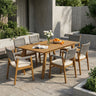Outdoor 7 Pieces Patio Slat Design Acacia Upholstered Dining Set
